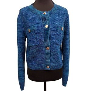 Marled Coastal Preppy Coastal Blue Green Knit Cardigan Gold Buttons Small